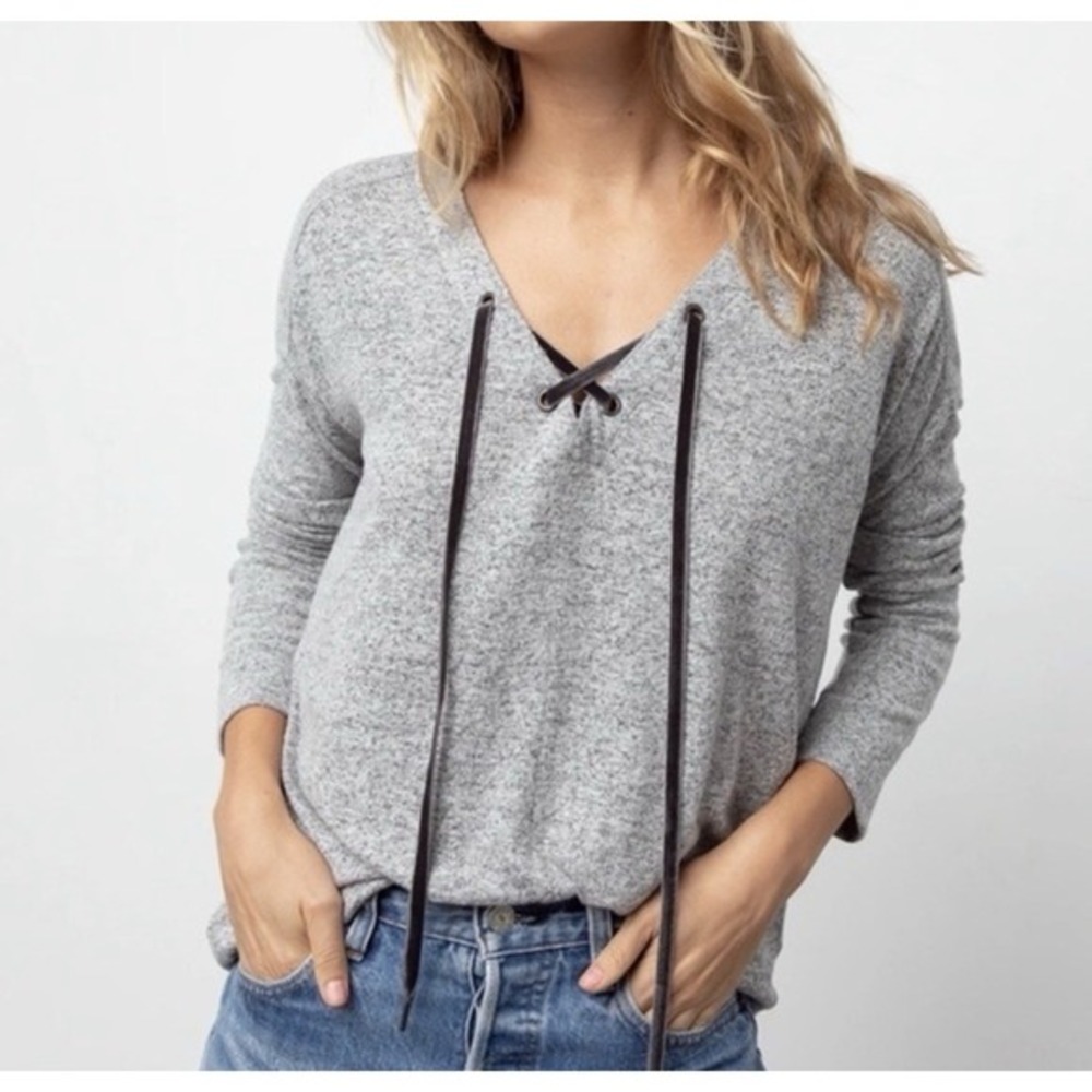 RAILS Leigh Top Melange Gray Cozy Brushed Jersey Long Sleeve Soft LaceUp XS‎